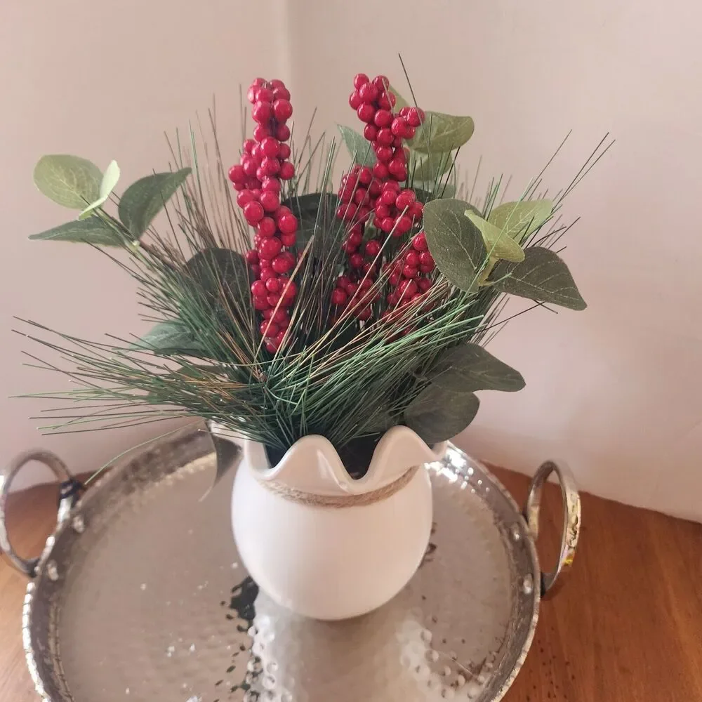 Home Decor Artifical Floral Greenery Arrangement White Ruffled Pottery P…